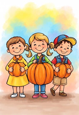 Finished example of the Color by Number page: Pumpkin Kids