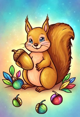 Finished example of the Color by Number page: Acorn Squirrel