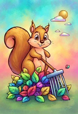 Finished example of the Color by Number page: Raking Squirrel