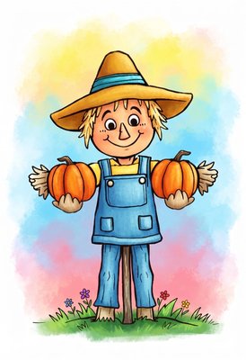 Finished example of the Color by Number page: Happy Scarecrow