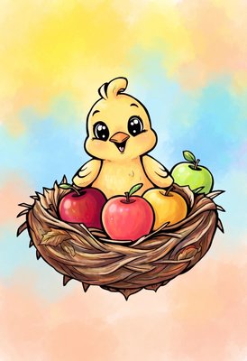 Finished example of the Color by Number page: Apple Bird
