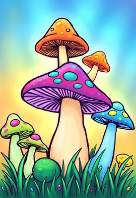 Finished example of the Color by Number page: Forest Mushrooms