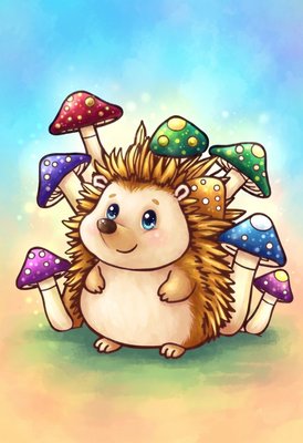 Finished example of the Color by Number page: Hedgehog Mushrooms