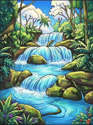 Finished example of the Color by Number page: Agua Azul, Mexico