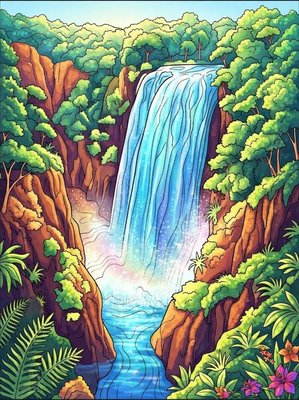 Finished example of the Color by Number page: Tamul Falls, Mexico