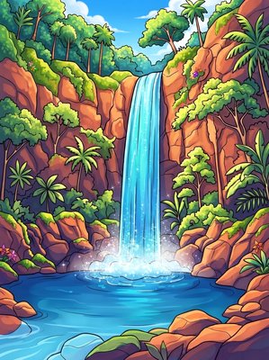 Finished example of the Color by Number page: La Fortuna Waterfall, Costa Rica
