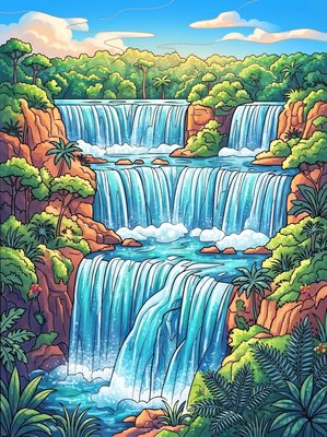 Finished example of the Color by Number page: Iguazu Falls, Argentina/Brazil