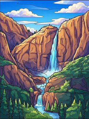 Finished example of the Color by Number page: Yosemite Falls, USA