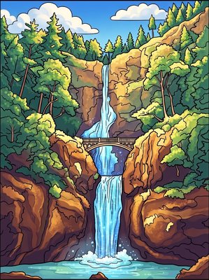 Finished example of the Color by Number page: Multnomah Falls, USA