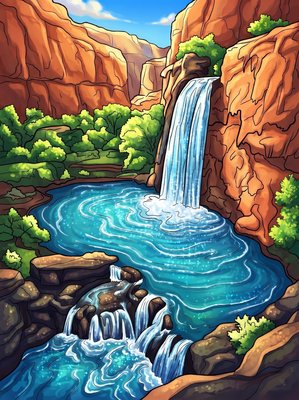 Finished example of the Color by Number page: Havasu Falls, USA