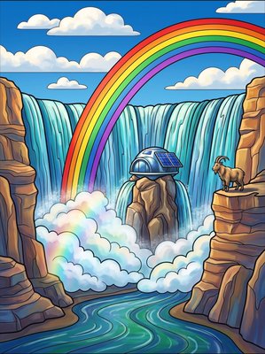 Finished example of the Color by Number page: Waterfall Cliff Cabin