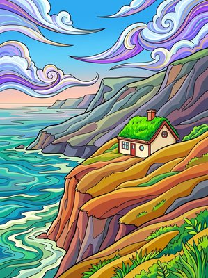 Finished example of the Color by Number page: Green Island Cliffs