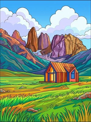 Finished example of the Color by Number page: Patagonian Mountain Peaks