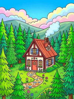Finished example of the Color by Number page: Forest Storybook Home