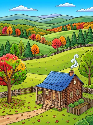 Finished example of the Color by Number page: Autumn Forest Cabin