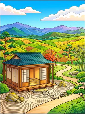 Finished example of the Color by Number page: Zen Garden Retreat