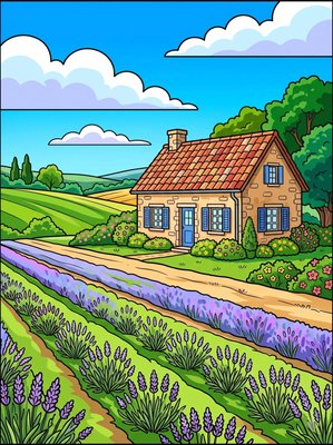 Finished example of the Color by Number page: Lavender Hill Cottage