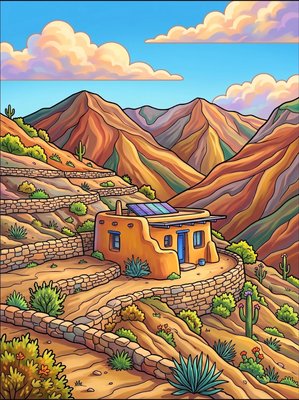 Finished example of the Color by Number page: Earth Mountain Home