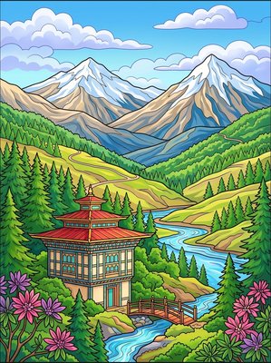 Finished example of the Color by Number page: Forest Valley Lodge