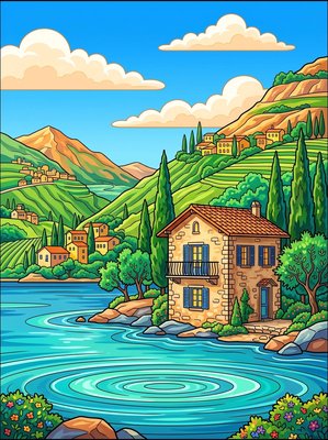 Finished example of the Color by Number page: Peaceful Lake Villa