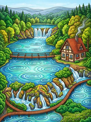 Finished example of the Color by Number page: Lakeside Waterfall Cottage