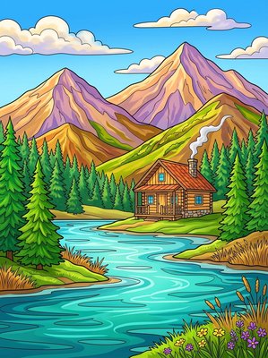 Finished example of the Color by Number page: Alpine Lake Cabin