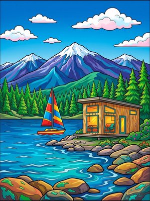 Finished example of the Color by Number page: Lake Tahoe Modern Cabin