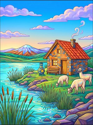 Finished example of the Color by Number page: Lake Titicaca Highland House