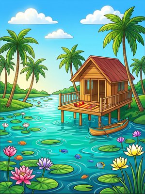Finished example of the Color by Number page: Kerala Backwater Stilt House