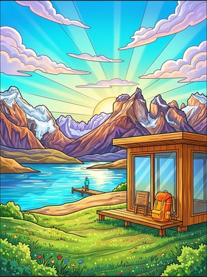 Finished example of the Color by Number page: Patagonian Lake Retreat
