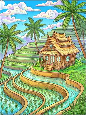Finished example of the Color by Number page: Bali Bamboo Terrace House