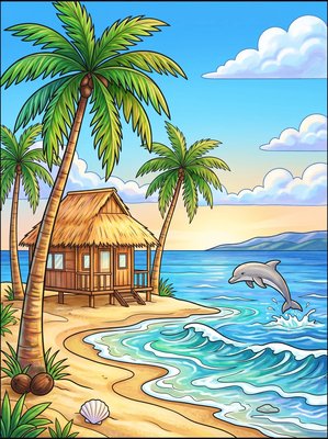 Finished example of the Color by Number page: Zanzibar Beach Hut