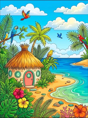 Finished example of the Color by Number page: Fiji Garden Island Hut