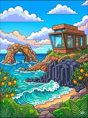 Finished example of the Color by Number page: Jeju Volcanic Stone House