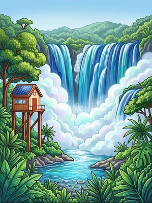 Finished example of the Color by Number page: Jungle Falls Retreat