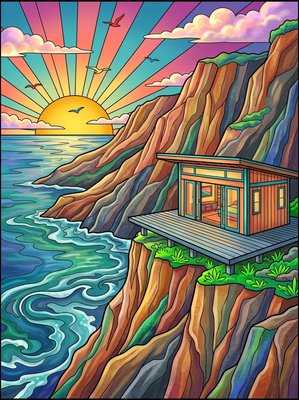 Finished example of the Color by Number page: Kauai Cliffside Zen Retreat