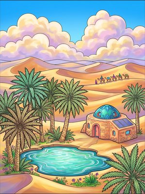 Finished example of the Color by Number page: Sahara Oasis Earth Home