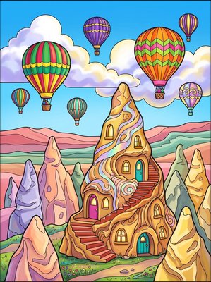 Finished example of the Color by Number page: Cappadocia Rock House