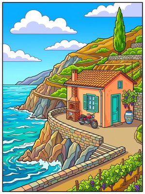 Finished example of the Color by Number page: Cinque Terre Terrace House