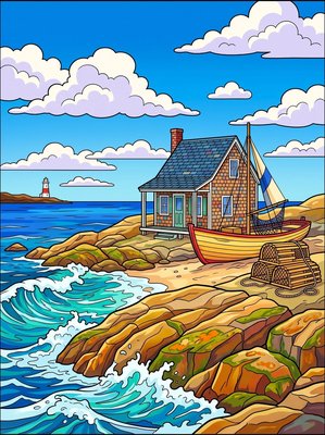 Finished example of the Color by Number page: Nova Scotia Fisher Cabin
