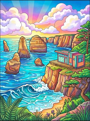 Finished example of the Color by Number page: Oregon Coast Cliff Cabin