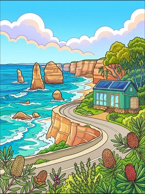Finished example of the Color by Number page: Great Ocean Road Eco House