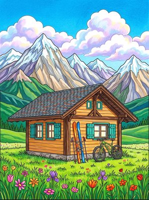 Finished example of the Color by Number page: Swiss Alps Chalet