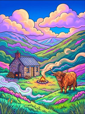 Finished example of the Color by Number page: Scottish Highlands Stone House