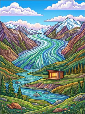 Finished example of the Color by Number page: Alaska Glacier Cabin