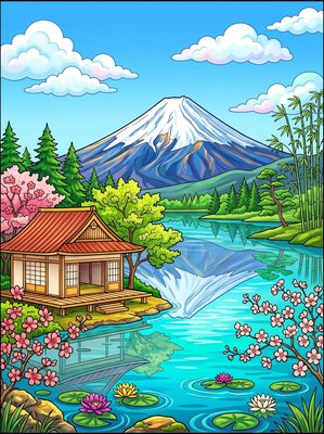 Finished example of the Color by Number page: Mount Fuji Lakeside Retreat