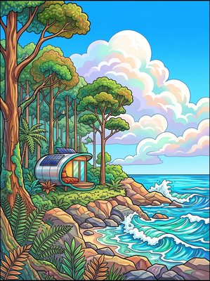 Finished example of the Color by Number page: Tasmania Forest Eco Pod