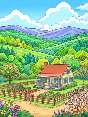 Finished example of the Color by Number page: Blue Ridge Country House