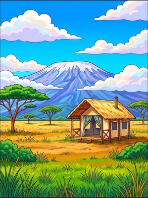 Finished example of the Color by Number page: Kilimanjaro Safari Cabin