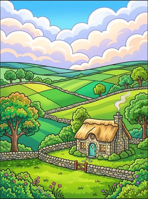 Finished example of the Color by Number page: Irish Countryside Stone Cottage